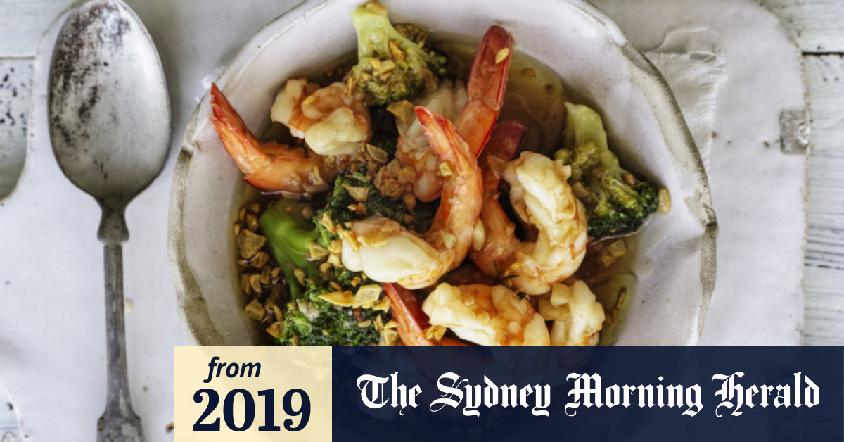 Adam Liaw's garlic prawns and broccoli, and almond tofu with goji tea syrup